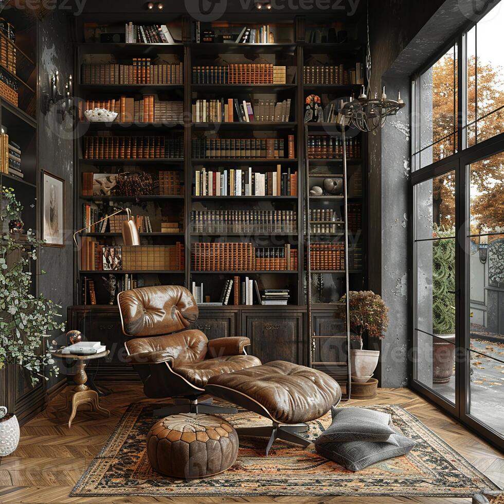 AI Generated Moody home library with dark shelves a ladder photo