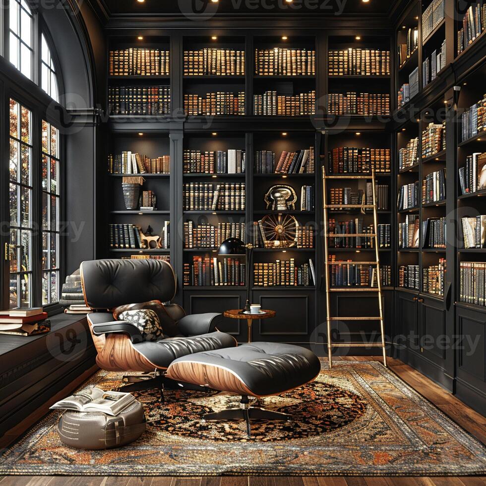 AI Generated Moody home library with dark shelves a ladder photo