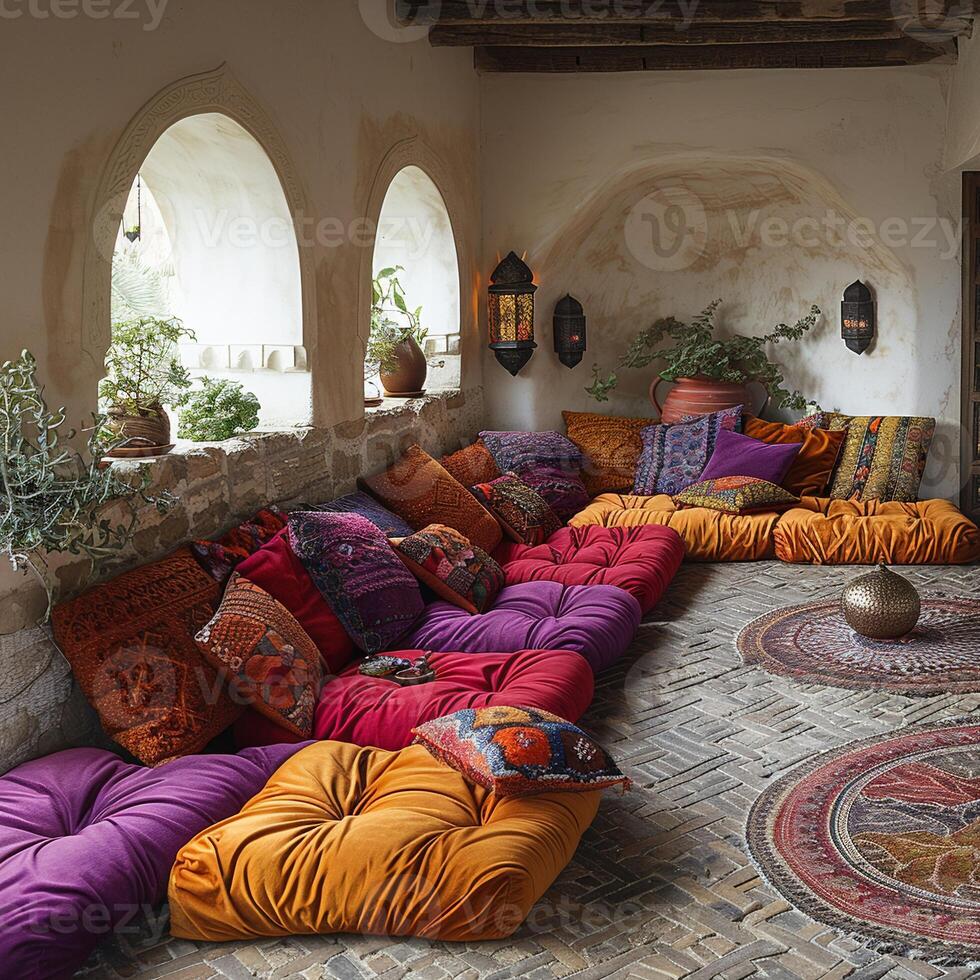 AI Generated Moroccan-style lounge with rich colors lanterns photo
