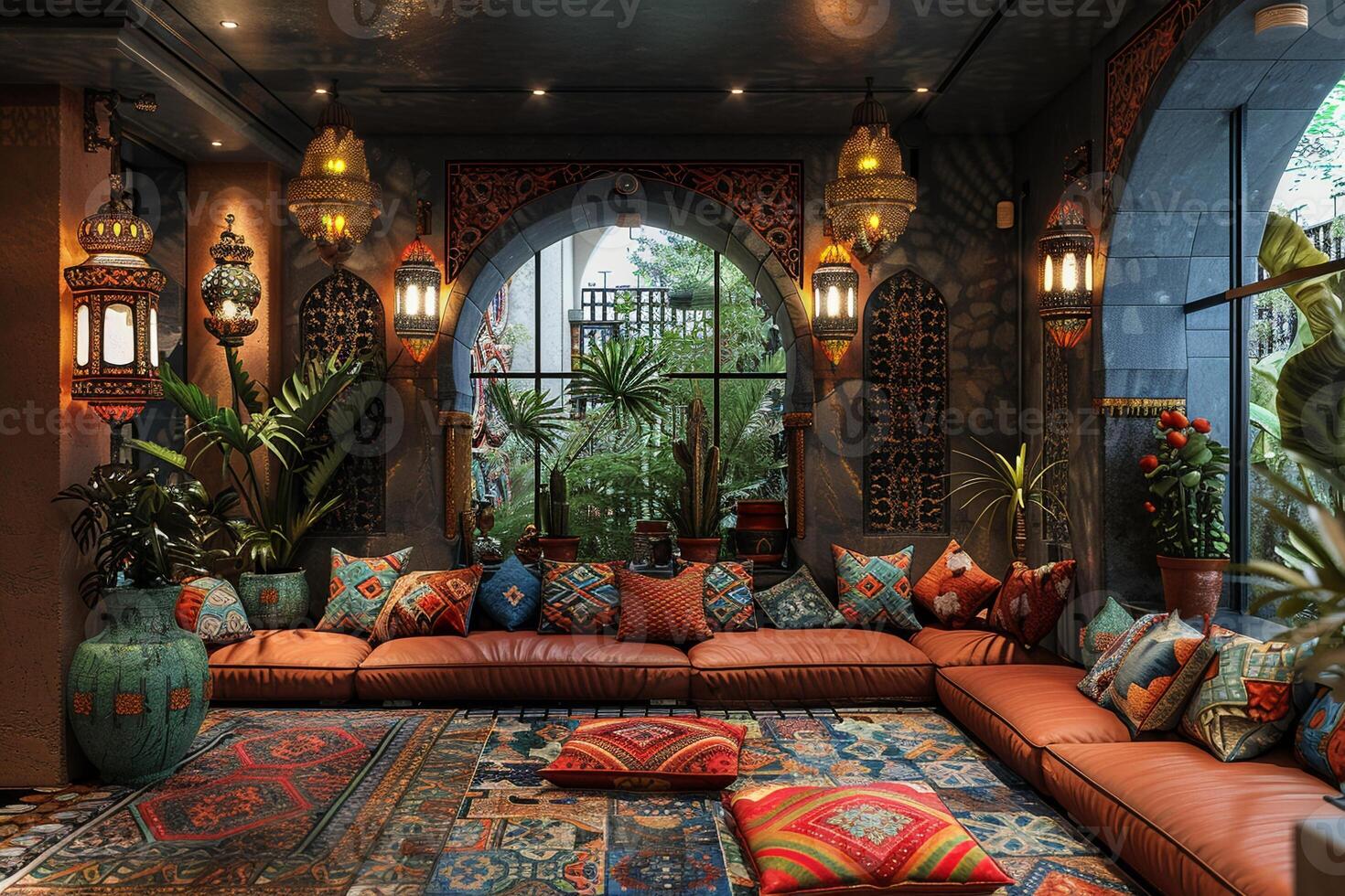 AI Generated Moroccan-style lounge with rich colors lanterns photo