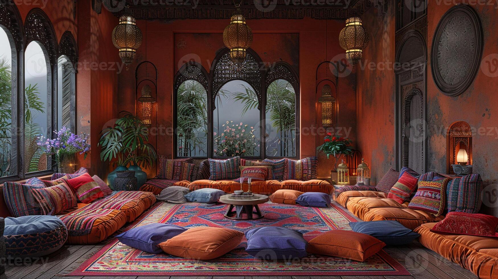 AI Generated Moroccan-style lounge with rich colors lanterns photo