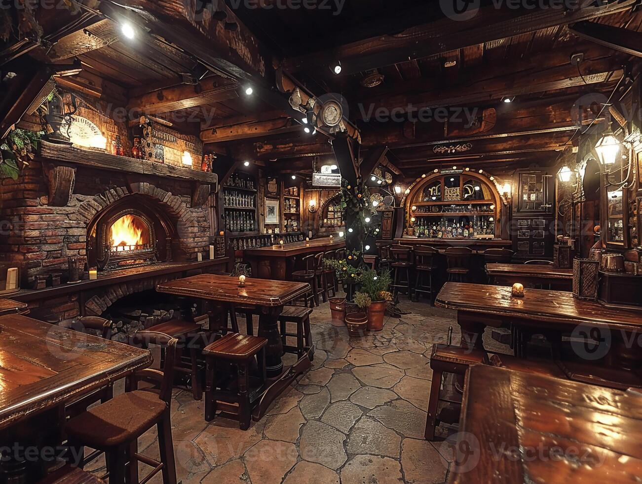 AI Generated Old English pub with dark wood cozy fireplaces photo