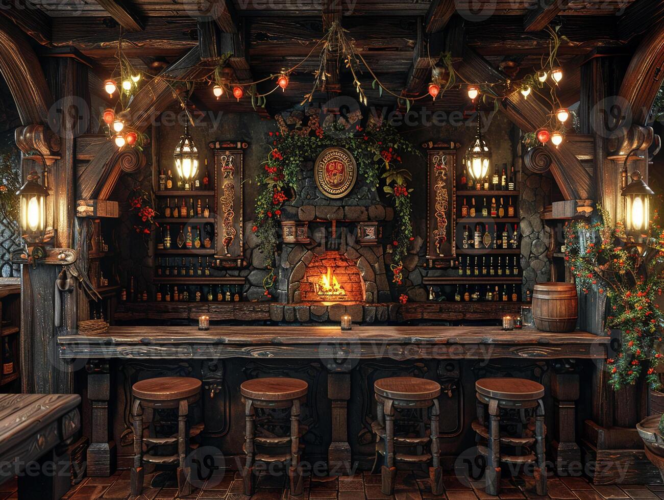 AI Generated Old English pub with dark wood cozy fireplaces photo