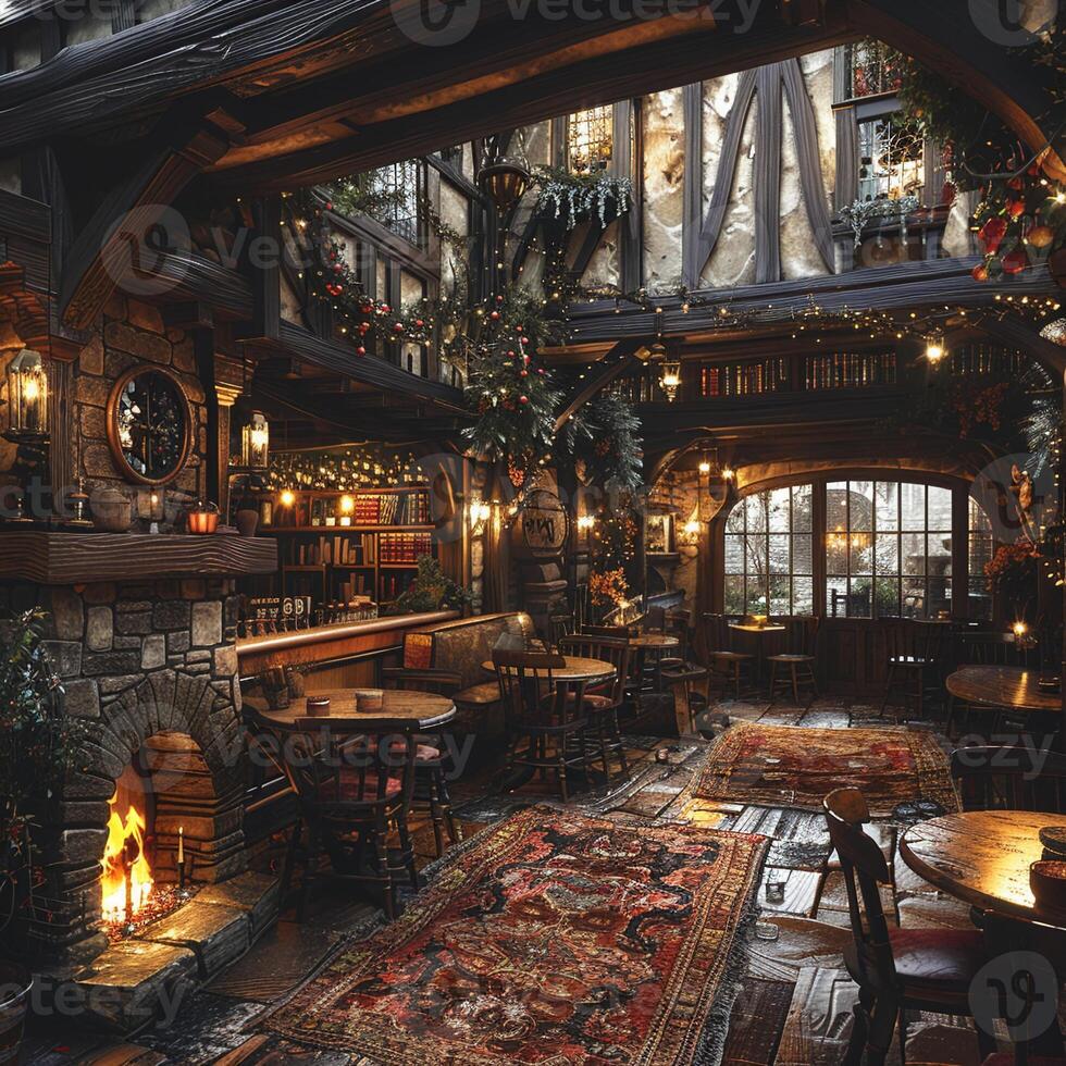 AI Generated Old English pub with dark wood cozy fireplaces photo