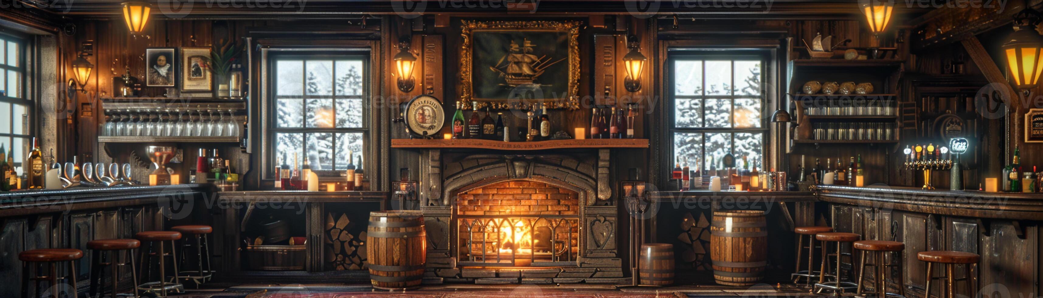 AI Generated Old English pub with dark wood cozy fireplaces photo