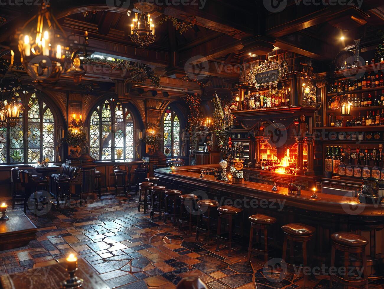 AI Generated Old English pub with dark wood cozy fireplaces photo