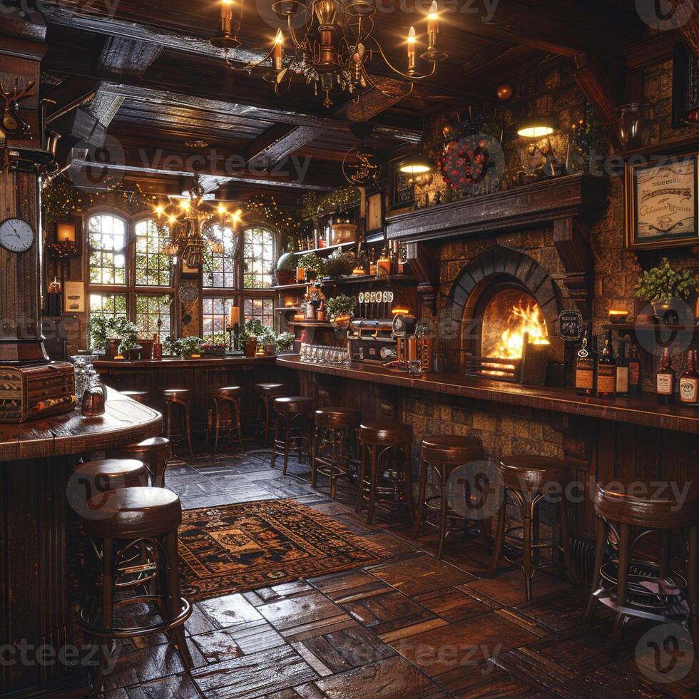 AI Generated Old English pub with dark wood cozy fireplaces photo