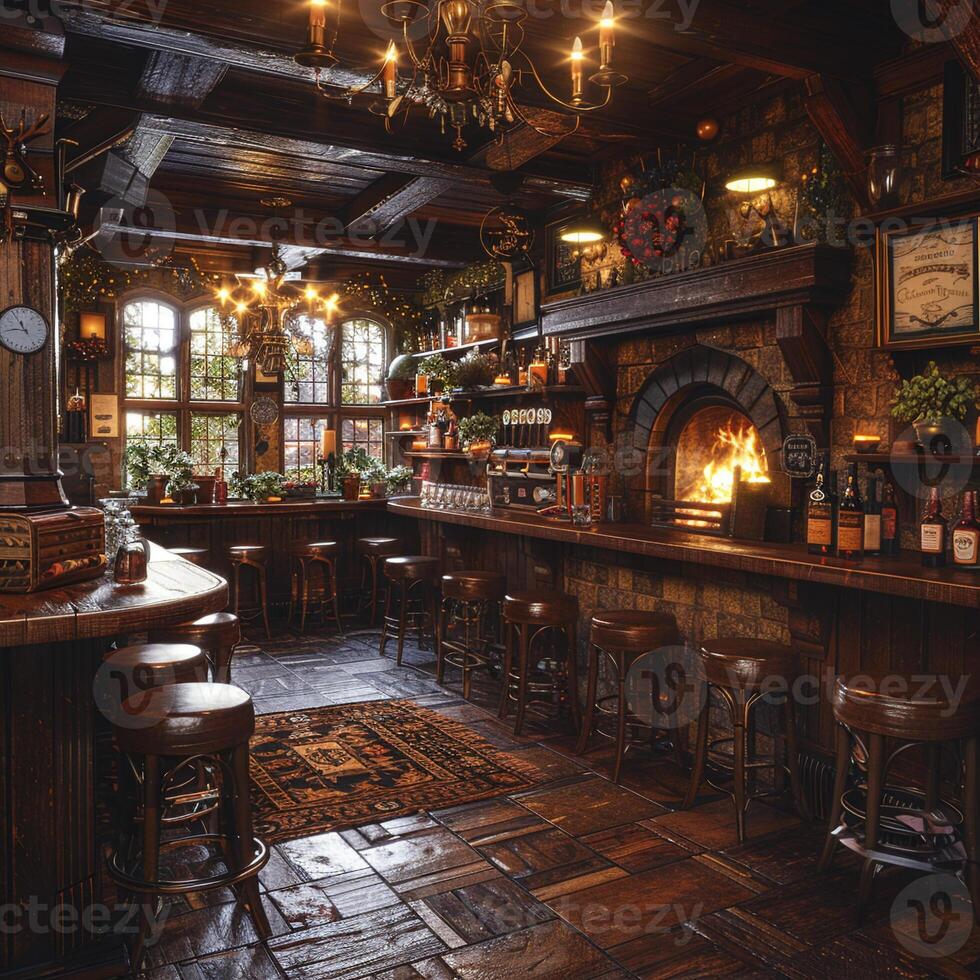 ai generado antiguo Inglés pub con oscuro madera acogedor chimeneas foto