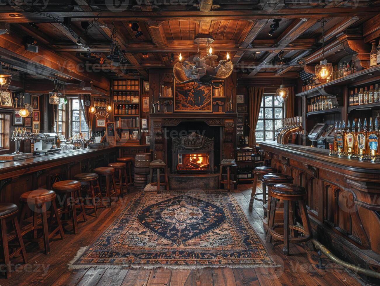 AI Generated Old English pub with dark wood cozy fireplaces photo