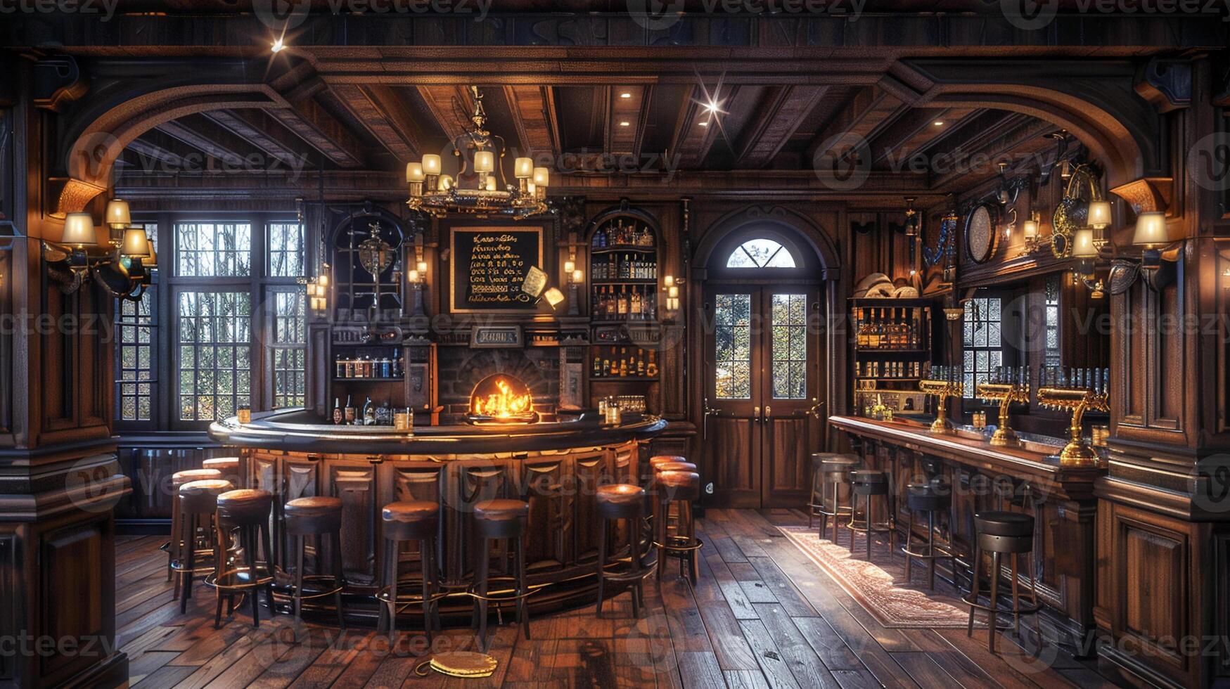 AI Generated Old English pub with dark wood cozy fireplaces photo