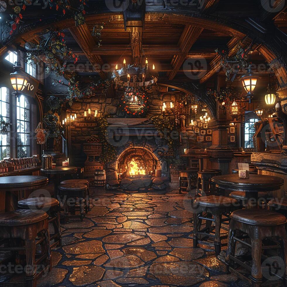 AI Generated Old English pub with dark wood cozy fireplaces photo