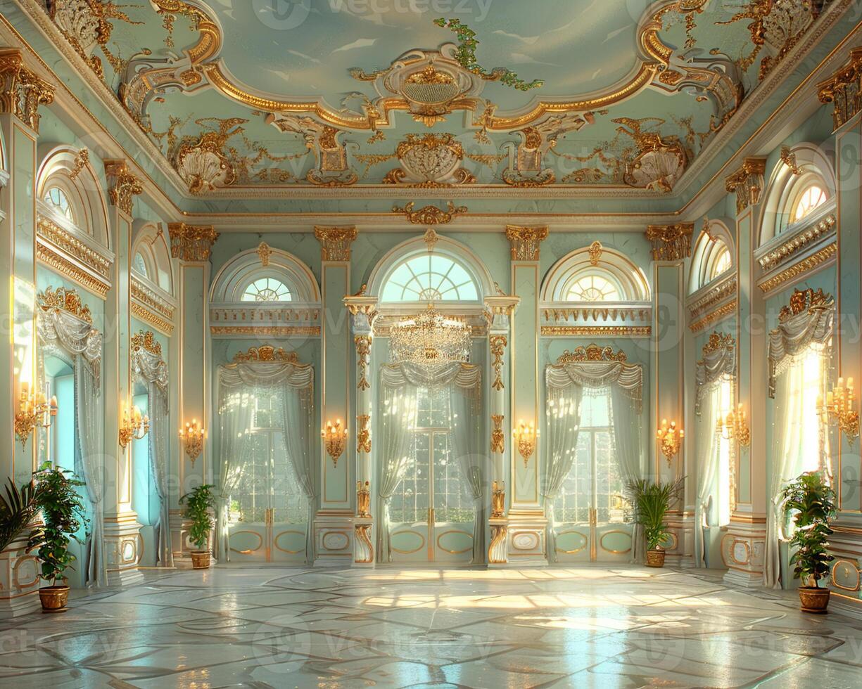 AI Generated Regal ballroom with ornate details high ceilings photo