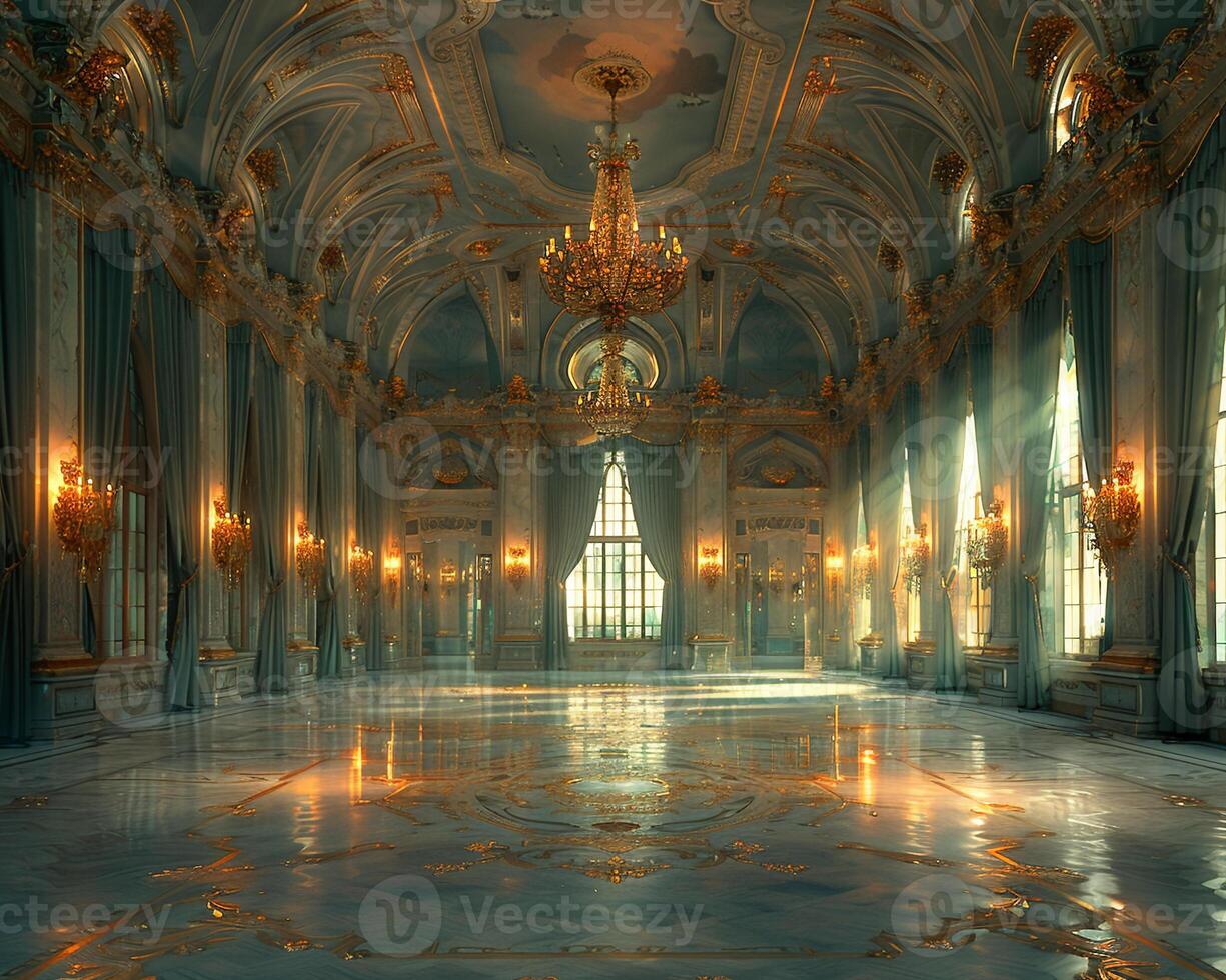AI Generated Regal ballroom with ornate details high ceilings photo