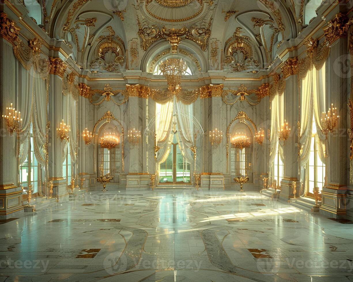 AI Generated Regal ballroom with ornate details high ceilings photo