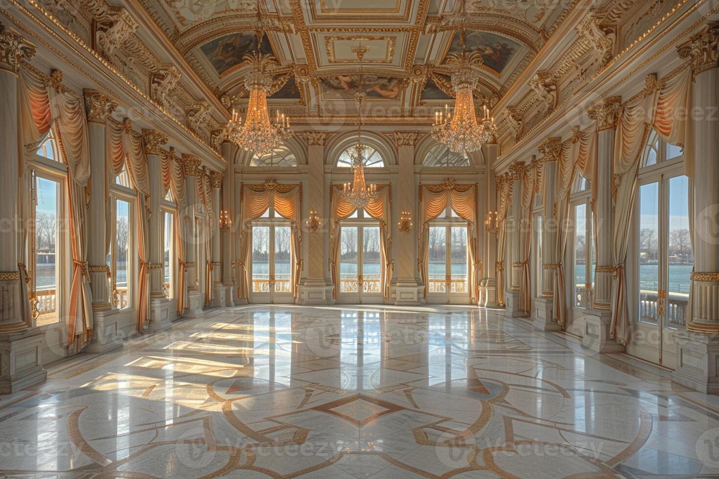 AI Generated Regal ballroom with ornate details high ceilings photo