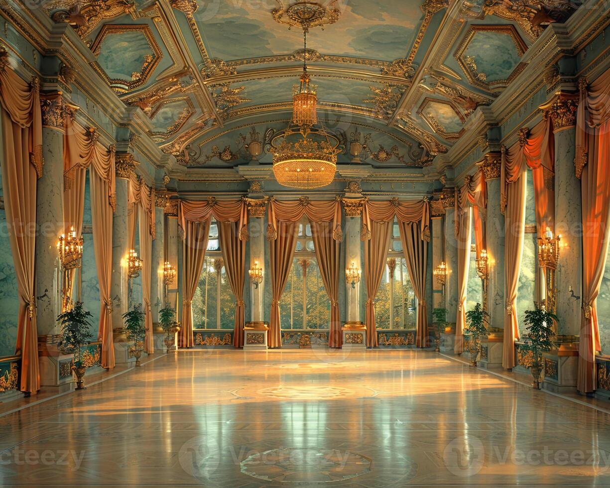 AI Generated Regal ballroom with ornate details high ceilings photo