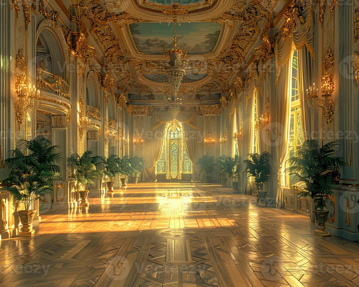 AI Generated Regal ballroom with ornate details high ceilings photo