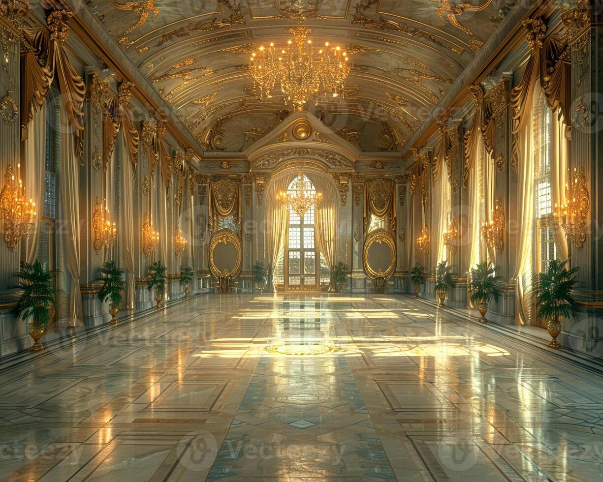 AI Generated Regal ballroom with ornate details high ceilings photo