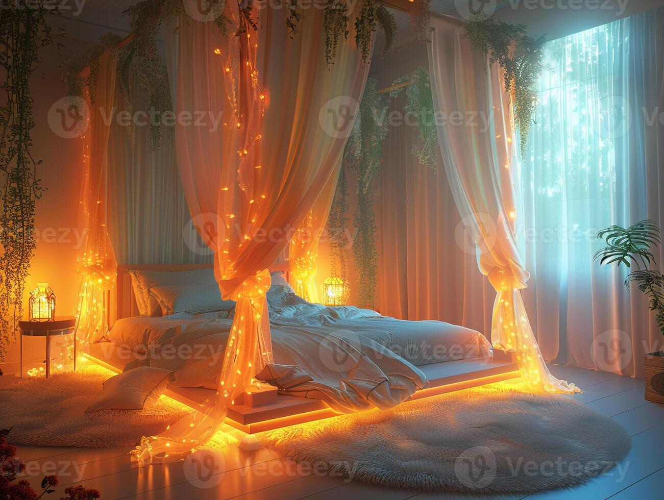 AI Generated Romantic bedroom with soft lighting sheer curtains photo