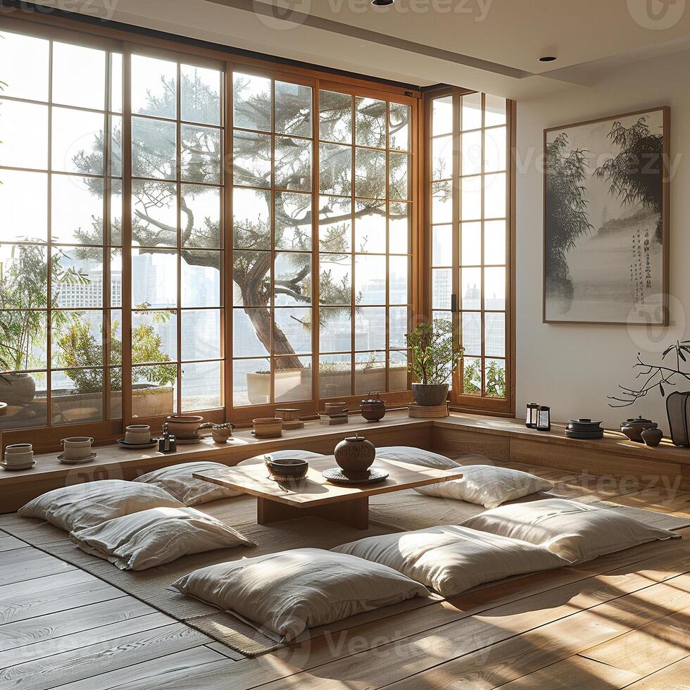 AI Generated Zen meditation room with tatami mats a low table photo