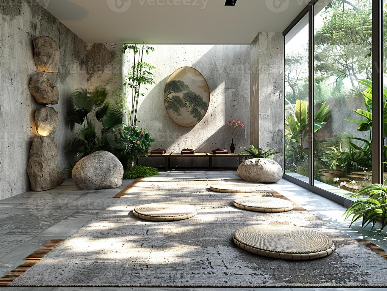 AI Generated Zen meditation room with tatami mats a low table photo