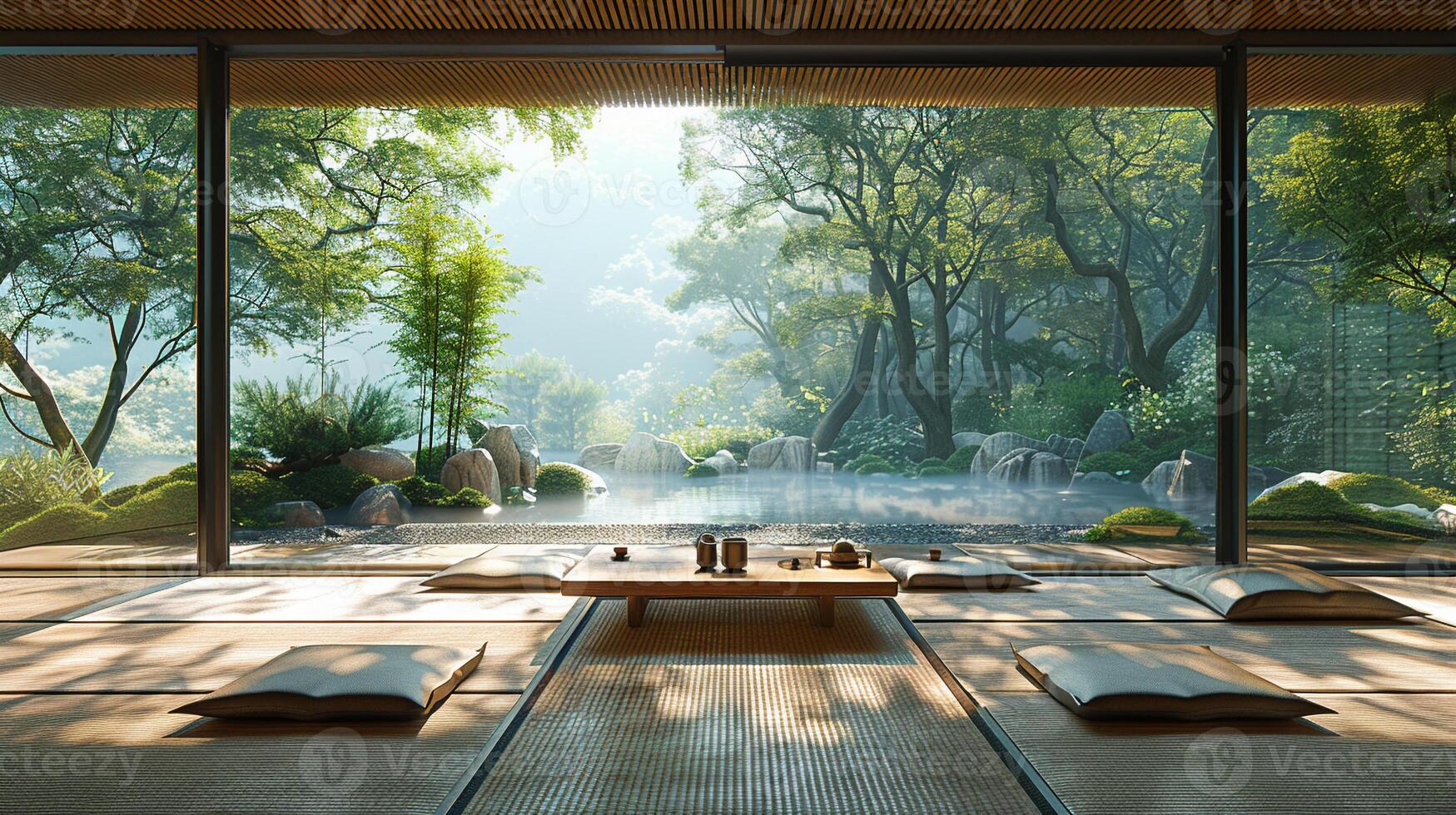 AI Generated Zen meditation room with tatami mats a low table photo