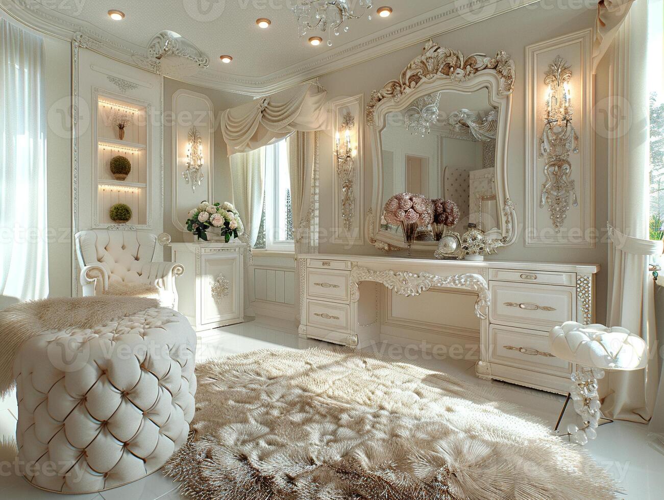 AI Generated Glamorous dressing room with a vintage vanity and soft photo