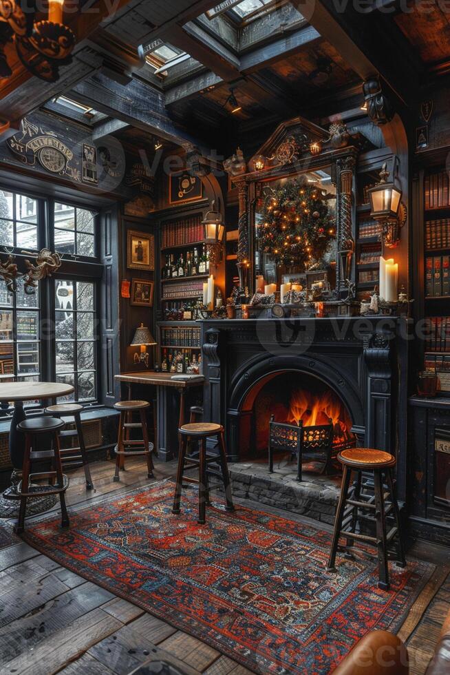 AI Generated Old English pub with dark wood cozy fireplaces photo