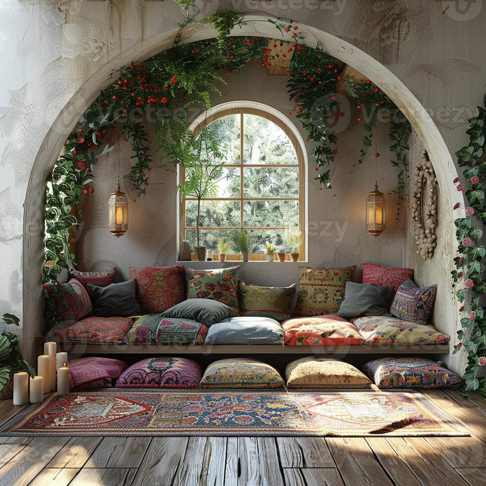 AI Generated Bohemian reading nook with floor cushions tapestries photo