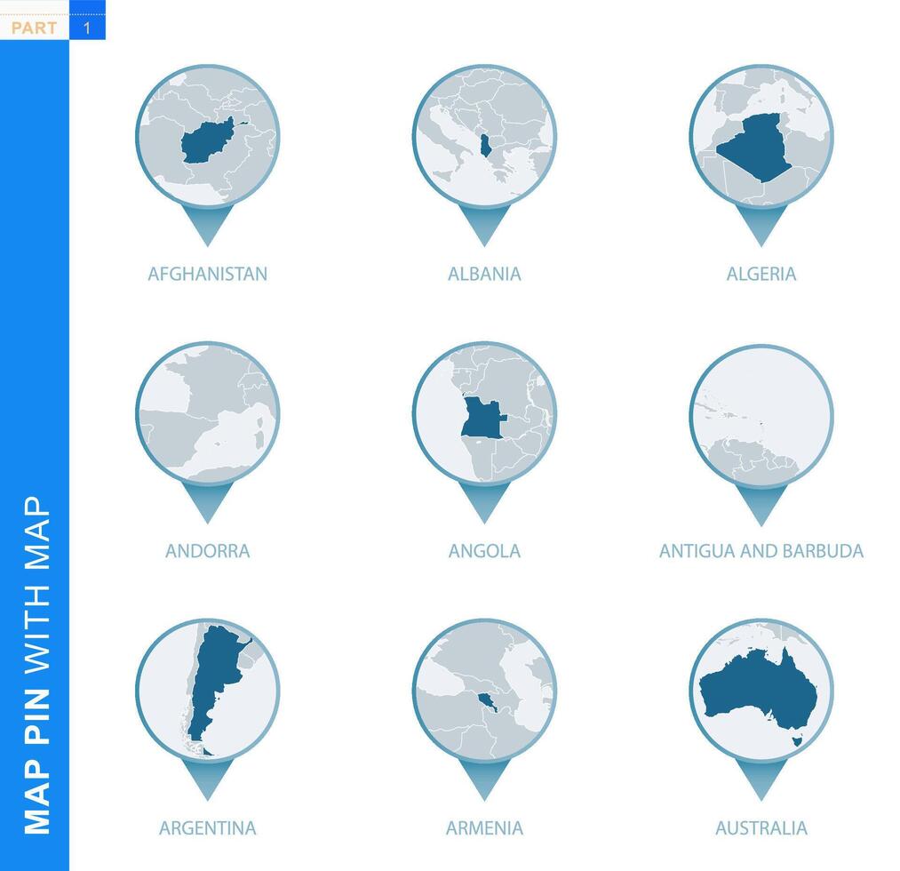 Collection of map pin with detailed map and neighboring countries vector