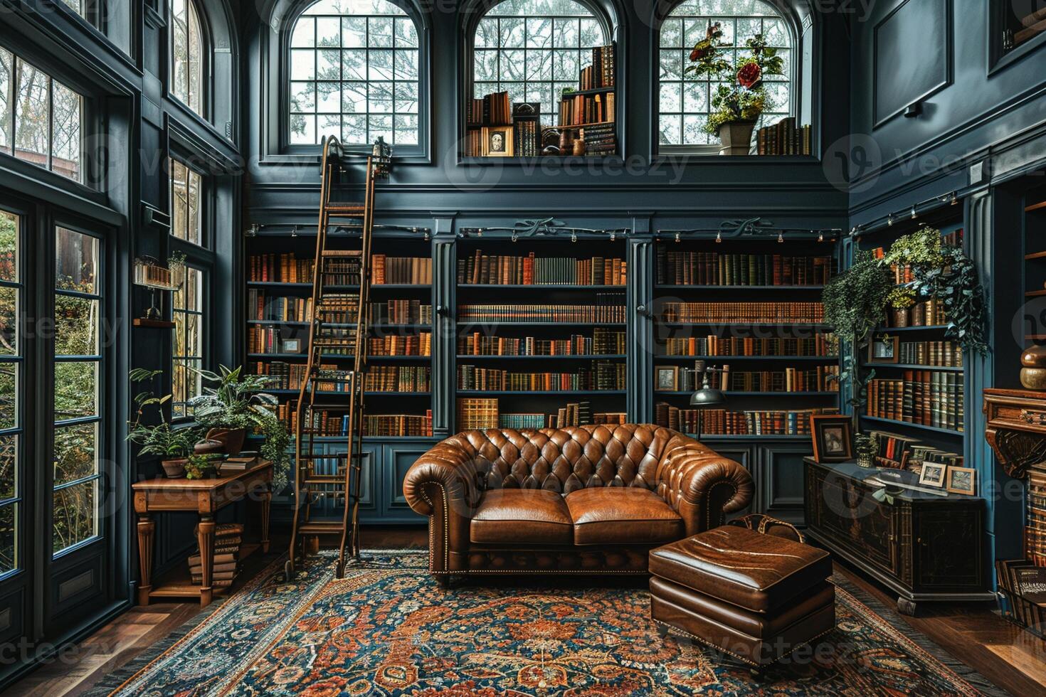 AI Generated Moody home library with dark shelves a ladder photo