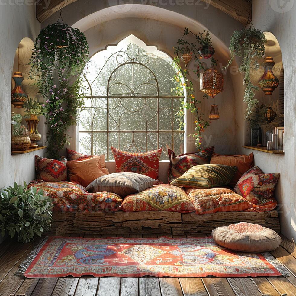 AI Generated Bohemian reading nook with floor cushions tapestries photo