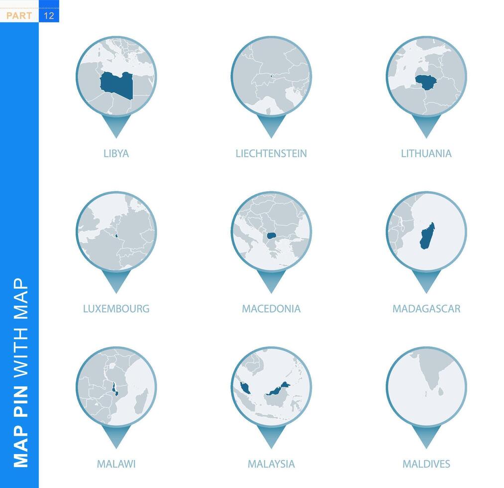 Collection of map pin with detailed map and neighboring countries vector