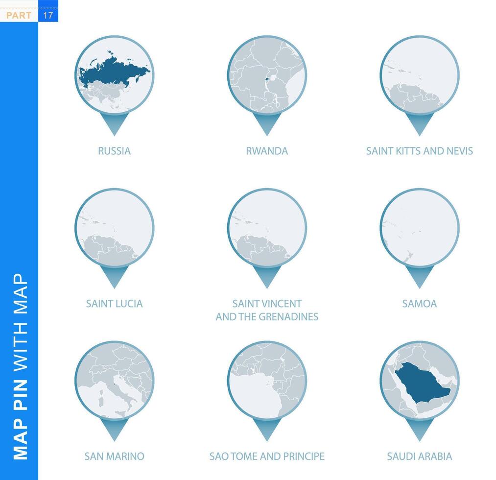 Collection of map pin with detailed map and neighboring countries vector