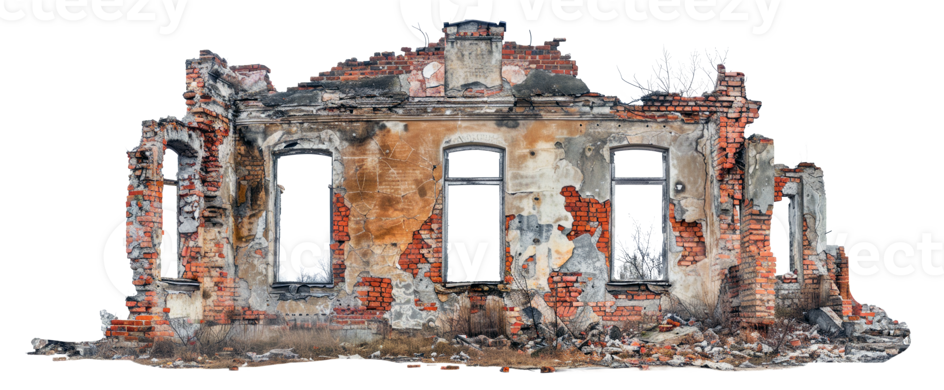 AI generated Desolate ruins of a once-standing dilapidated building on transparent background - stock png. png