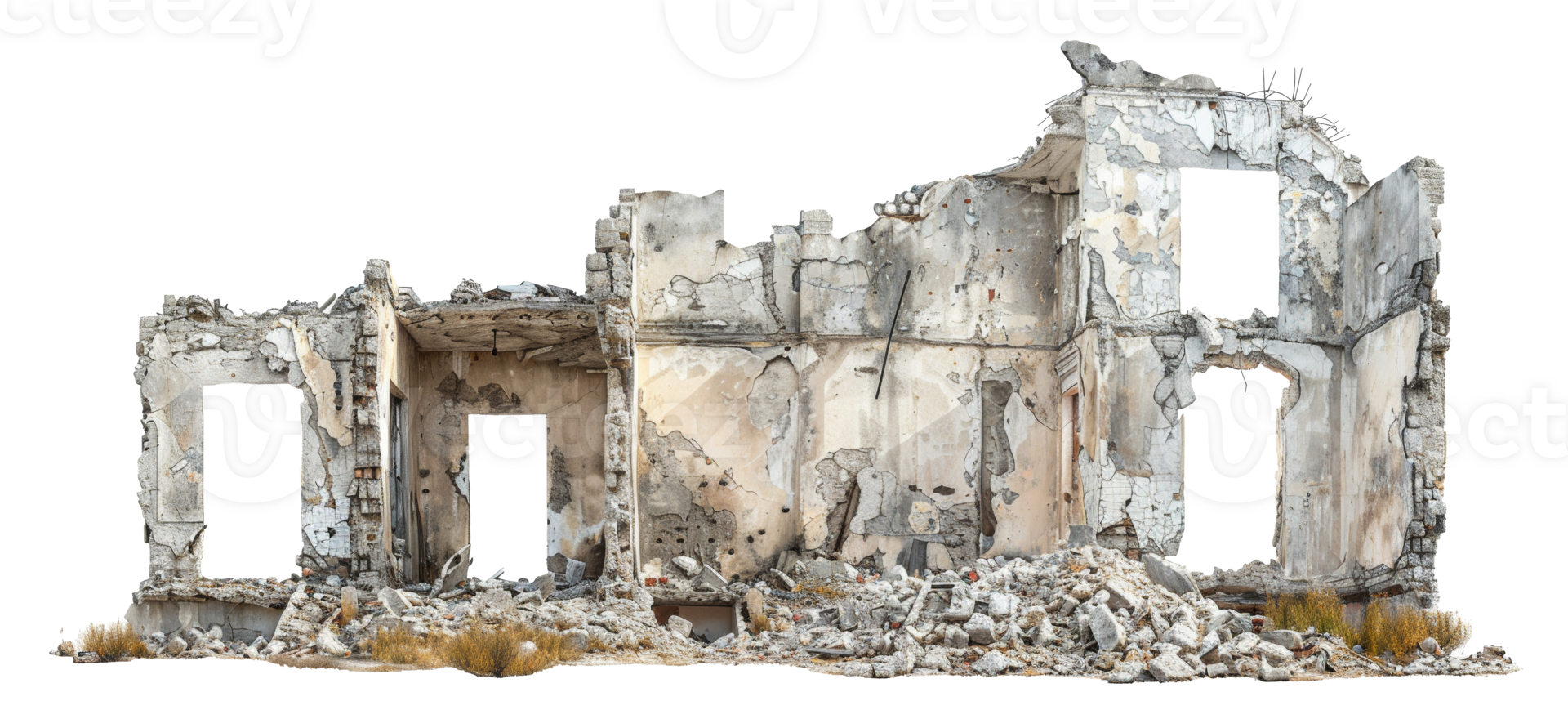 AI generated Desolate ruins of a once-standing dilapidated building on transparent background - stock png. png