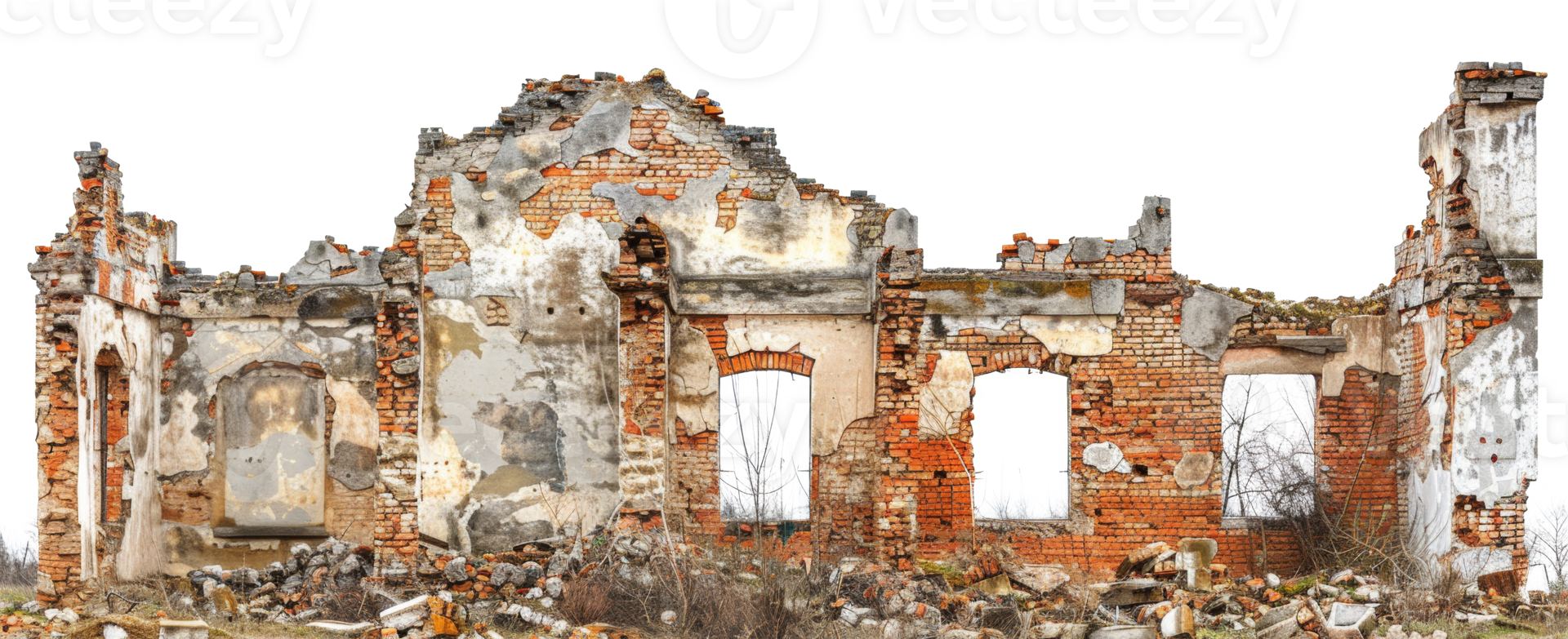 AI generated Desolate ruins of a once-standing dilapidated building on transparent background - stock png. png