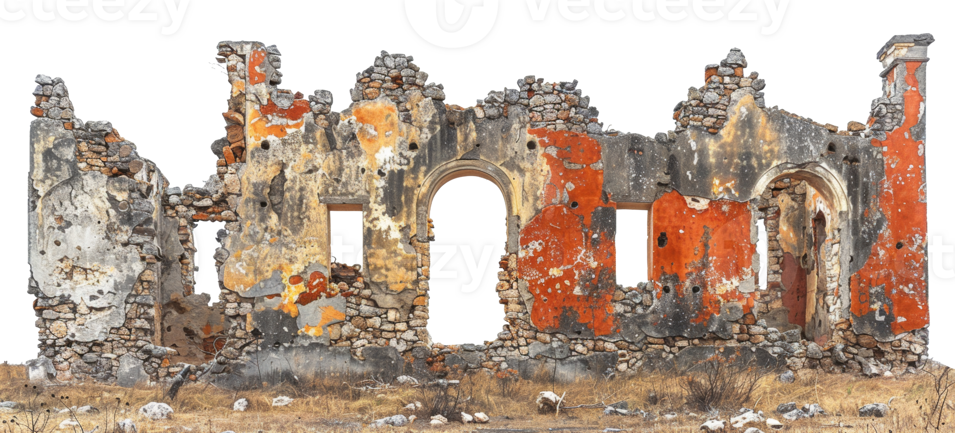 AI generated Desolate ruins of a once-standing dilapidated building on transparent background - stock png. png