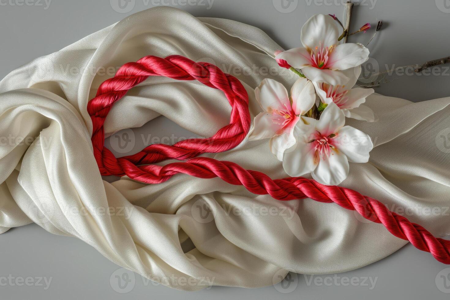 AI generated 1st of March tradition white and red cord and ghiocel flower photo