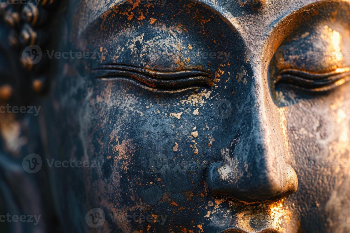 AI generated Buddhas serene face symbolizes spiritual enlightenment, peace, and Zen. photo