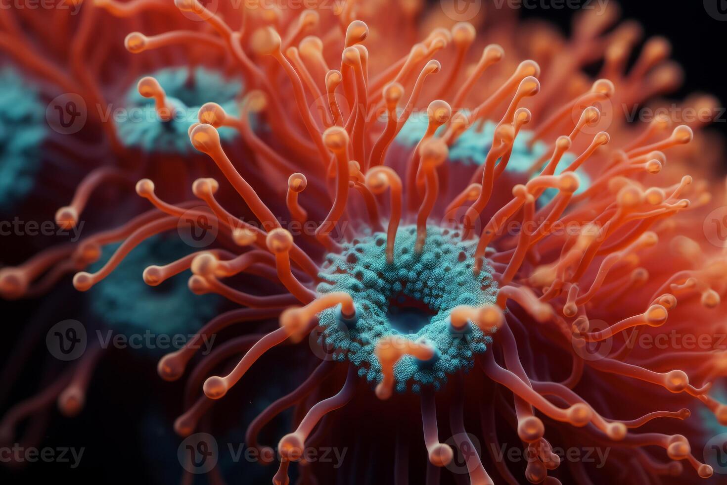 AI generated A close-up of a coral polyp capturing tiny plankton. Generative AI photo