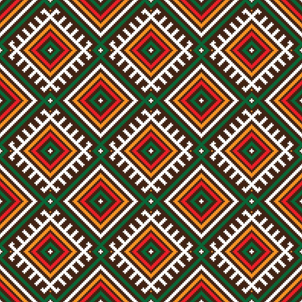 Seamless ethnic pattern in the style of embroidery. The pattern features colorful geometric shapes, including squares, triangles, and diamonds, arranged.The repeating pattern resembles stitches. vector