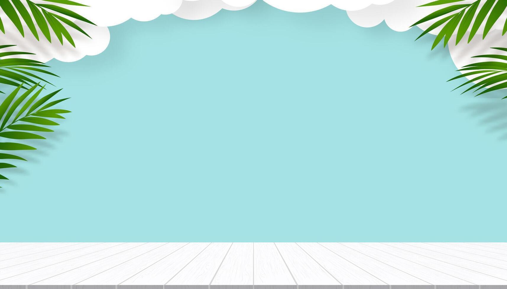 Summer background,Vector White Cloud paper cut with Wood table top and palm leaf border frame blue sky background for Product Present,Beach vacation holiday for Sale Promo vector