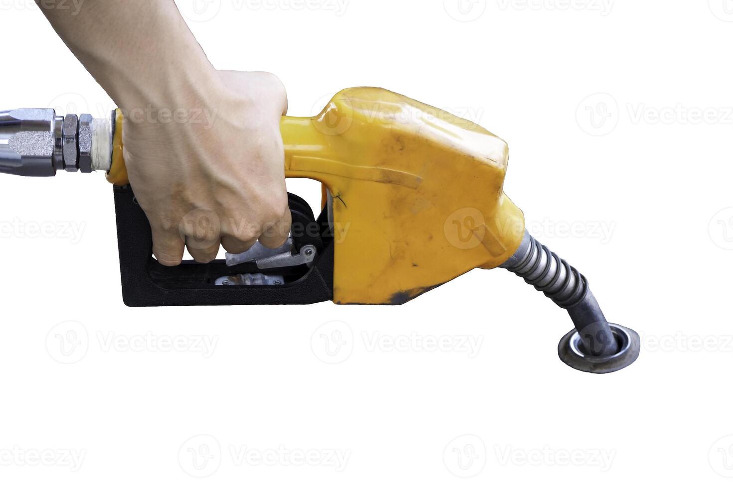 Gas pump held by hand with nozzle, alongside drill, tools, and worker photo