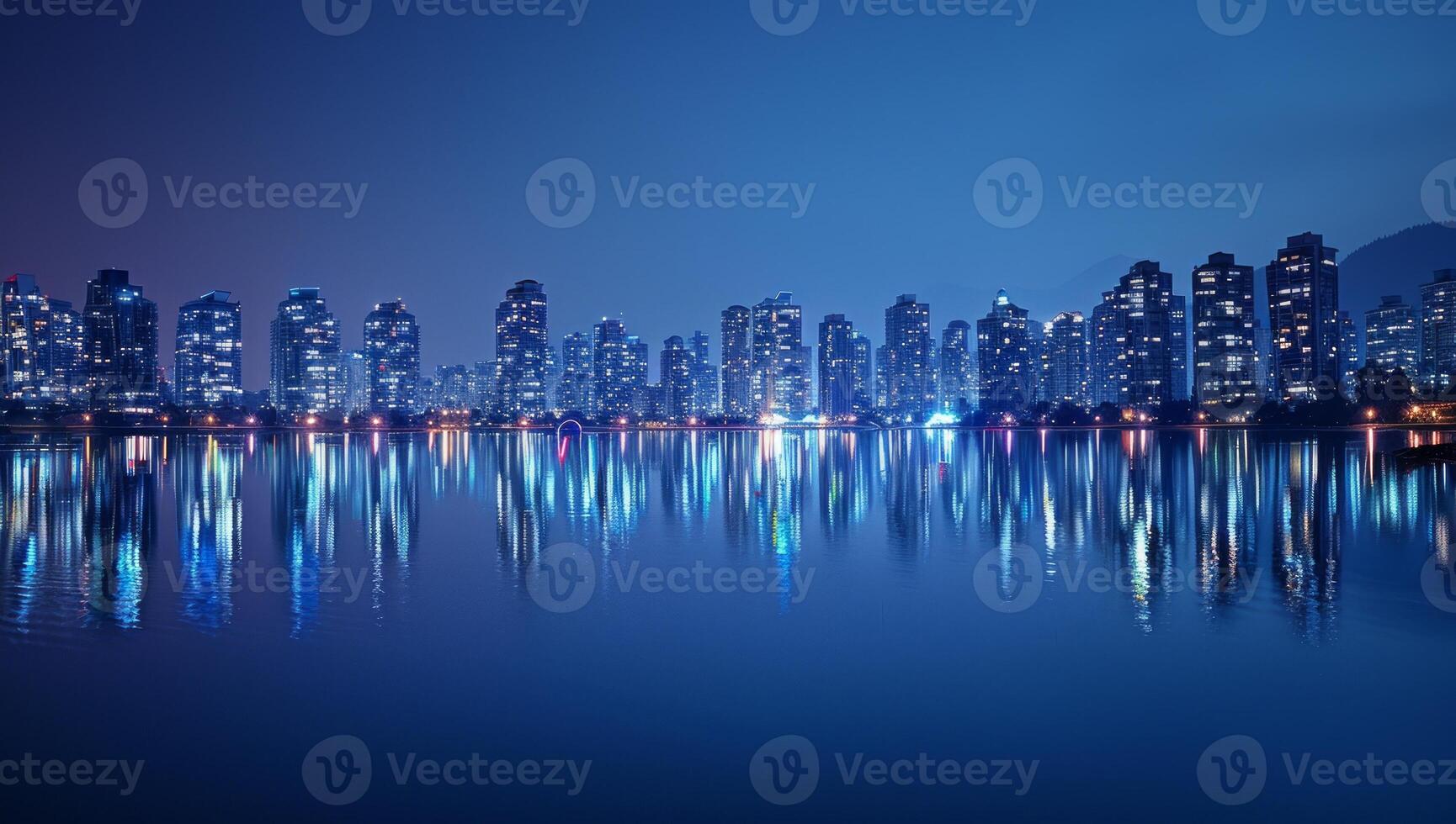 AI generated Night view of the cityscape with reflection in the water photo