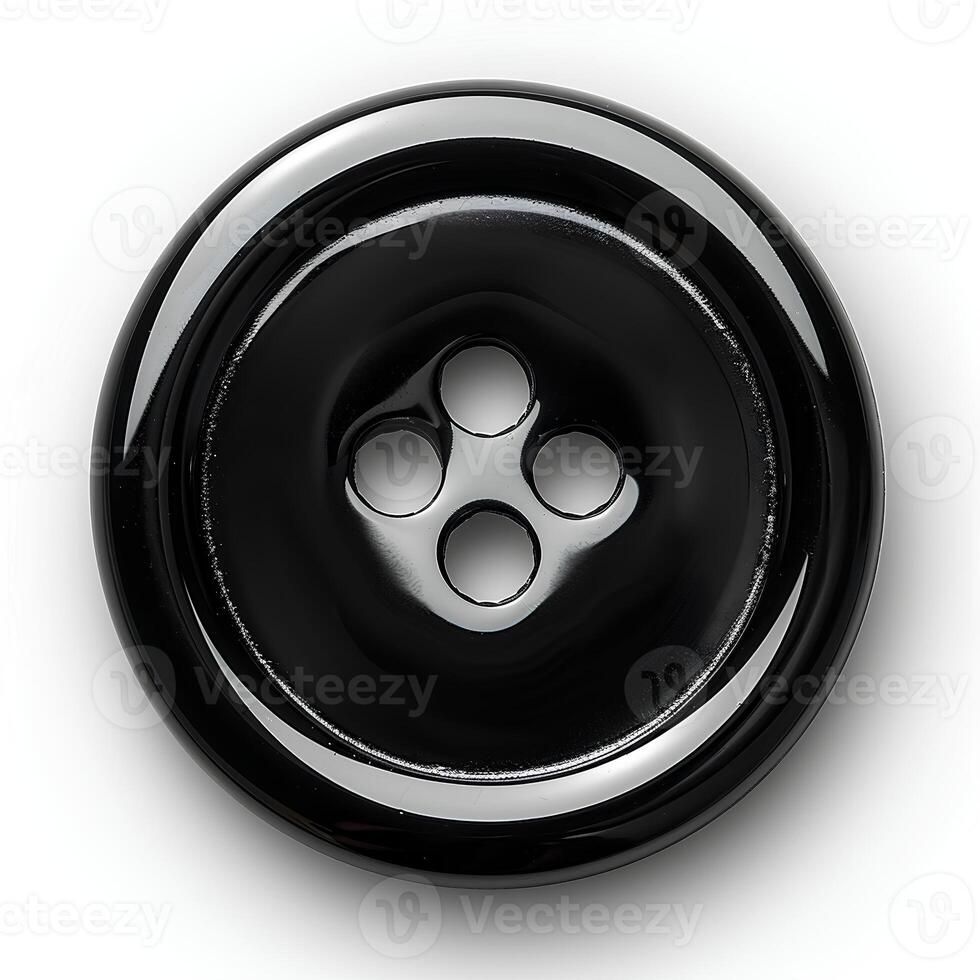 AI generated Black plastic button isolated on white background with shadow. Black 4-hole flat button for sewing and crafts photo
