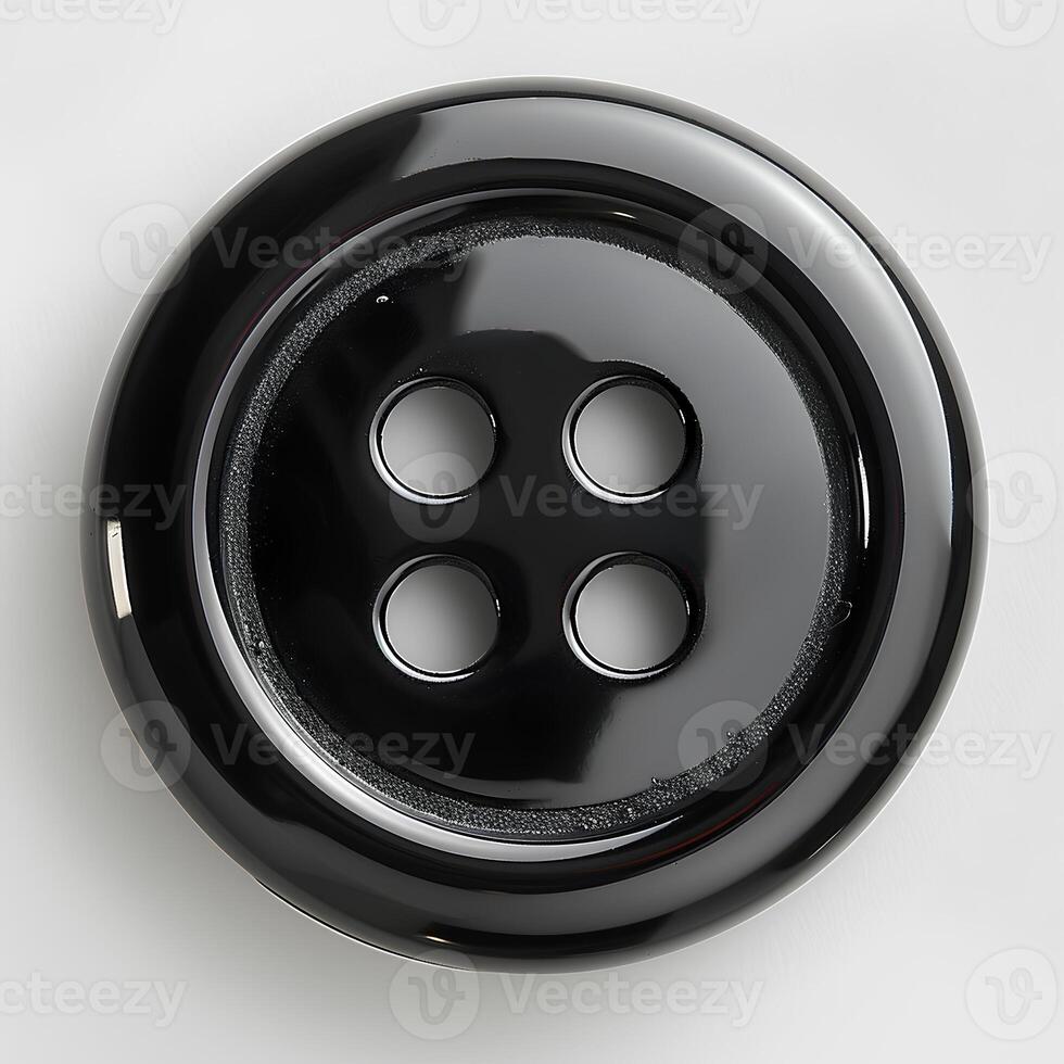 AI generated Black plastic button isolated on white background with shadow. Black 4-hole flat button for sewing and crafts photo