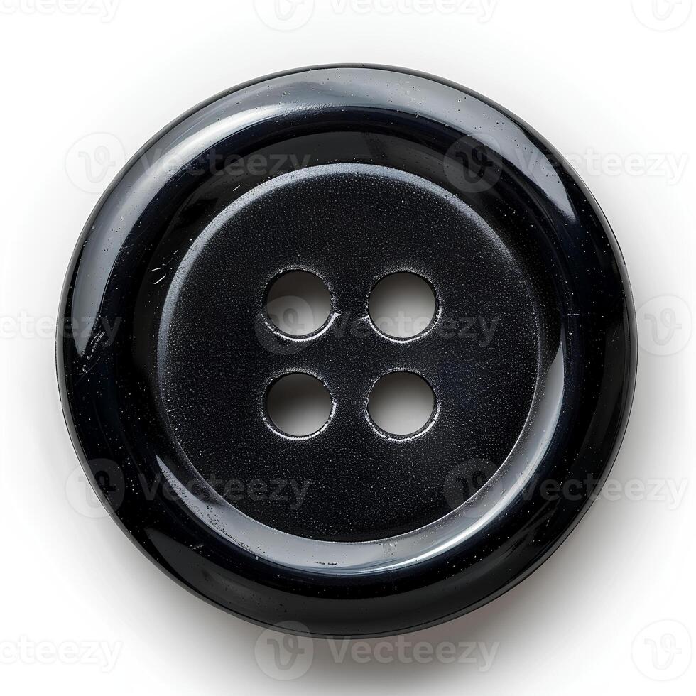 AI generated Black plastic button isolated on white background with shadow. Black 4-hole flat button for sewing and crafts photo