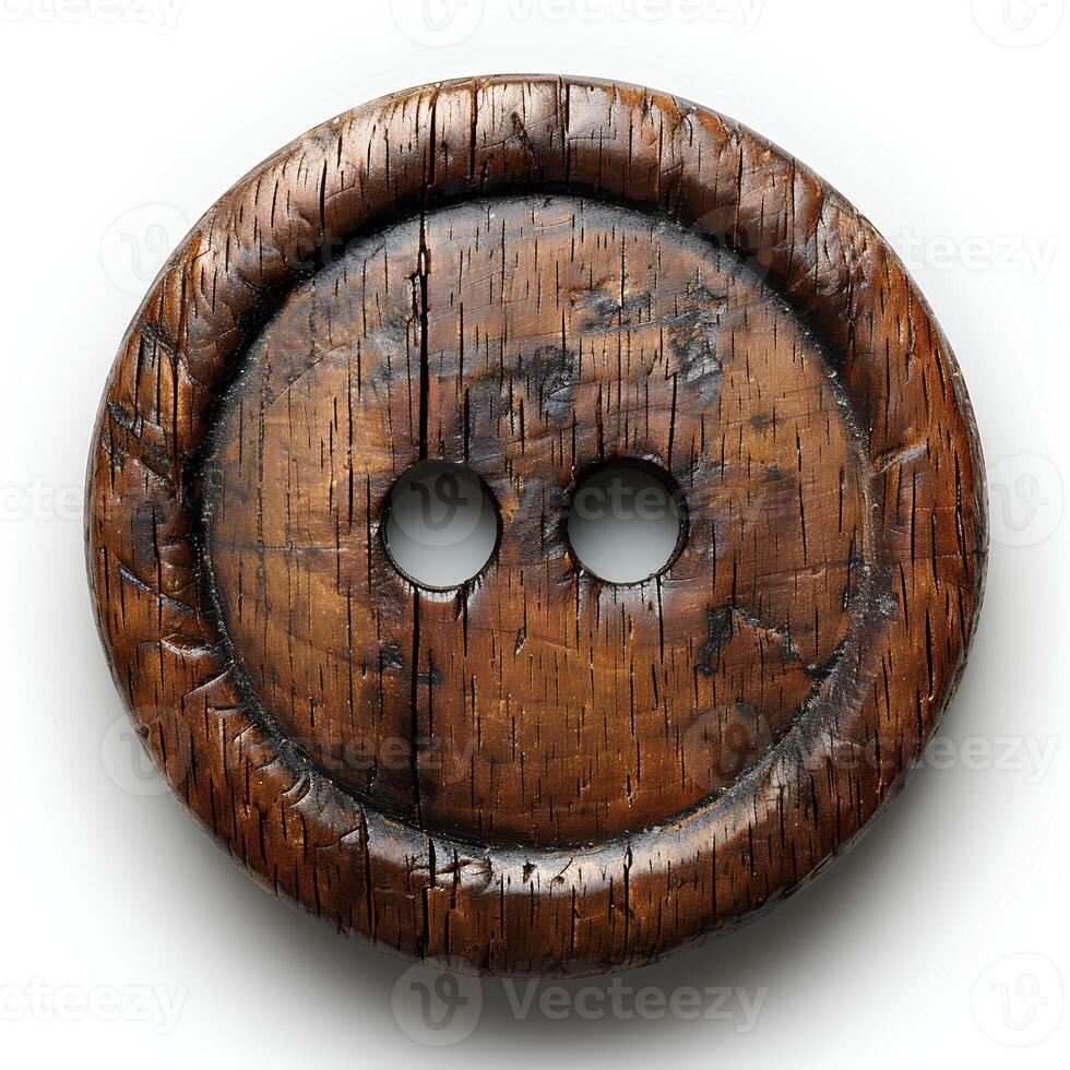 AI generated Wooden button isolated on white background with. Wooden 2-hole flat button for sewing and crafts photo