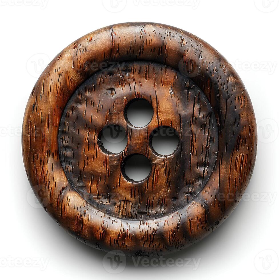 AI generated Wooden button isolated on white background with. Wooden 2-hole flat button for sewing and crafts photo